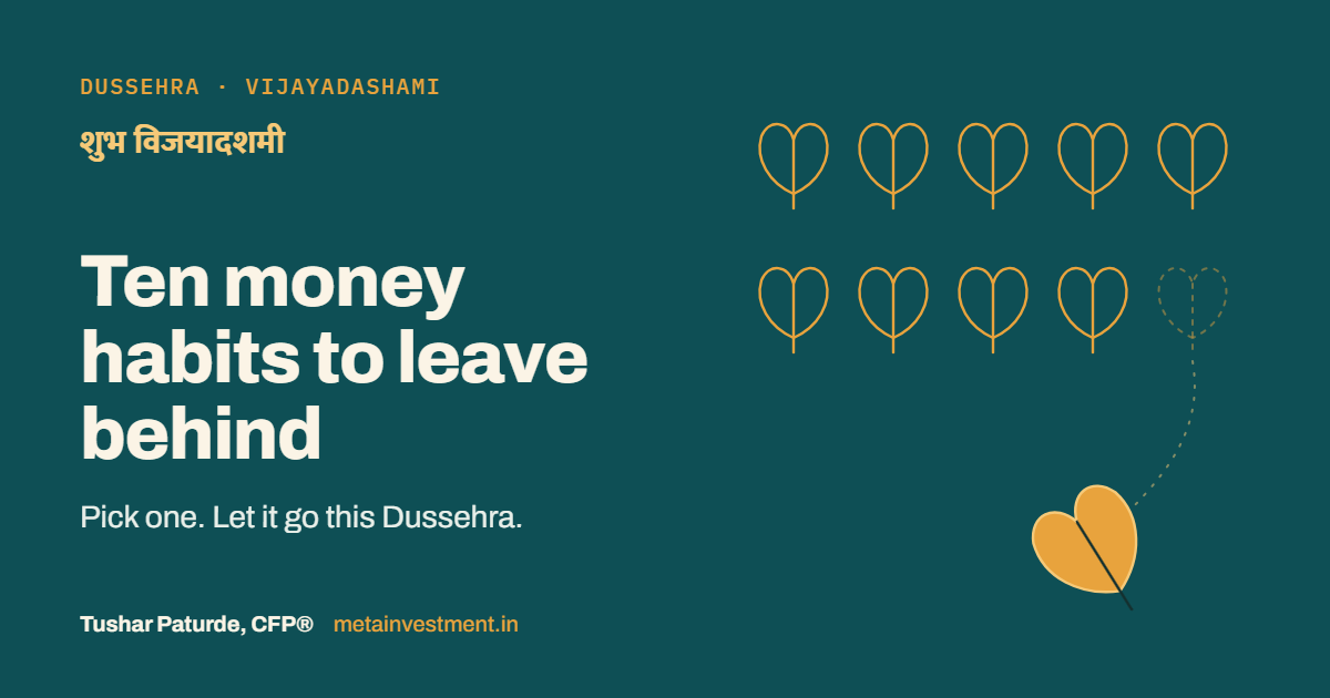 Ten apta leaves arranged in rows, with one leaf drifting away: ten money habits to leave behind this Dussehra.